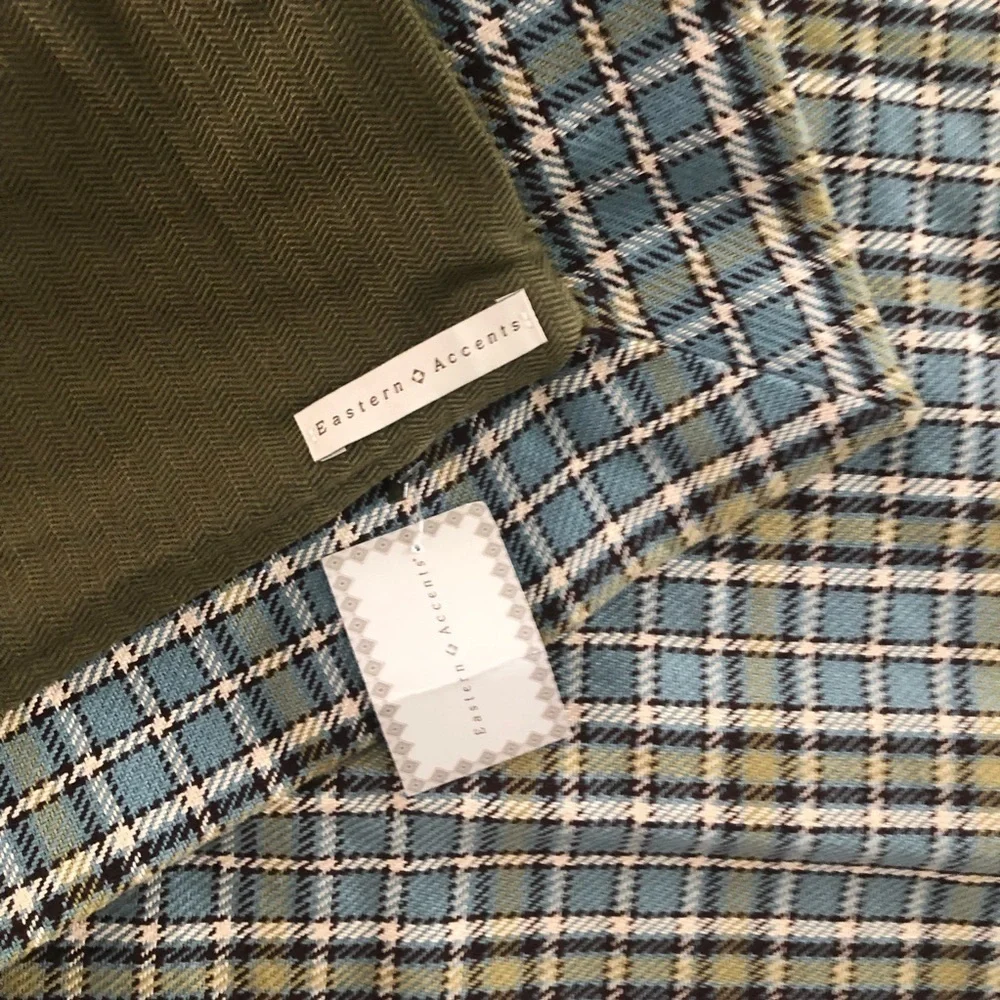 NWT Eastern Accents Plaid and Airplane Pillow Set 14” AND Euro Square Green Blue